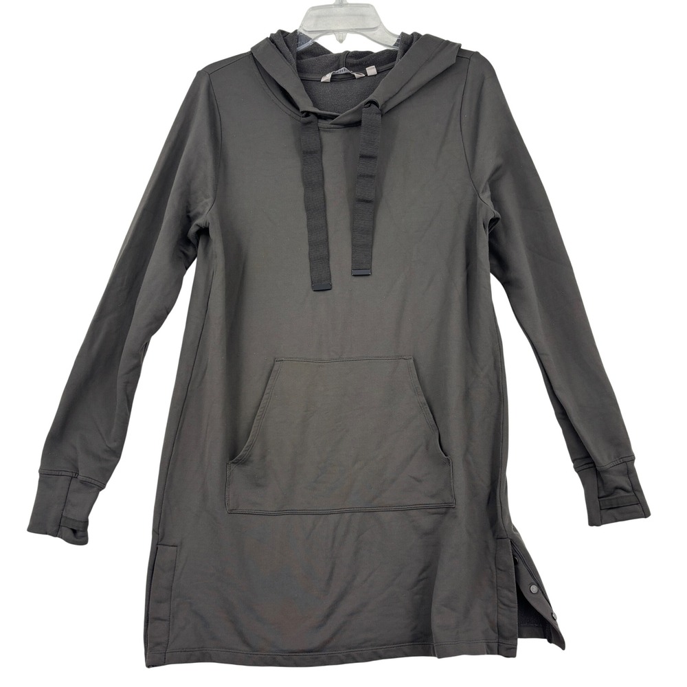 Athleta Tunic Hoodie Sweatshirt Size S Gray Side Snap Thumbholes Kangaroo Pocket